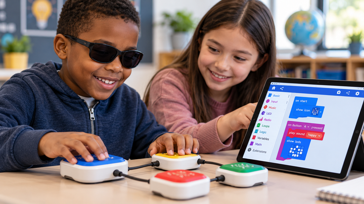 Two children collaborating with tactile coding modules and a tablet in an inclusive classroom