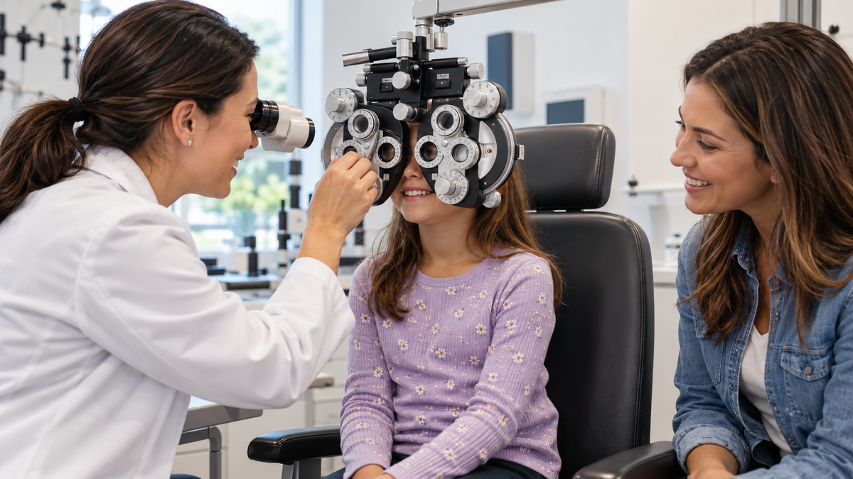 School-age child receiving a comprehensive eye examination with an optometrist and parent.