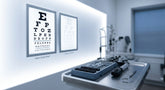 Two vision acuity charts displayed side by side on a clinical examination room wall, with diagnostic instruments arranged in the foreground.