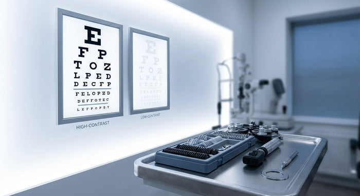 Two vision acuity charts displayed side by side on a clinical examination room wall, with diagnostic instruments arranged in the foreground.