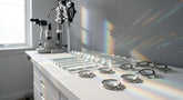 An assortment of clinical prism bars and loose prism lenses arranged on a clean white surface, with light refracting through the glass to create soft spectral color bands.