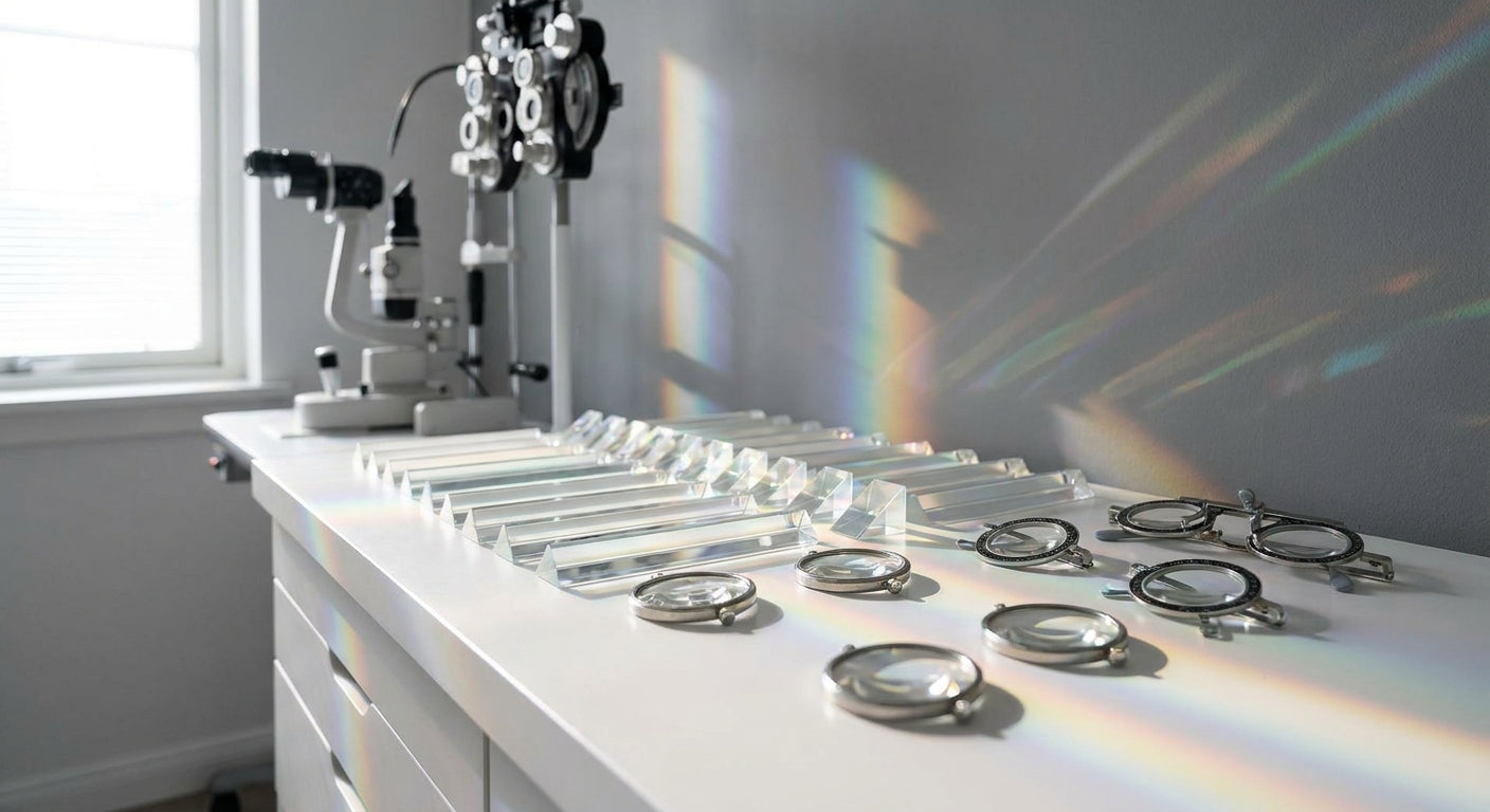 An assortment of clinical prism bars and loose prism lenses arranged on a clean white surface, with light refracting through the glass to create soft spectral color bands.