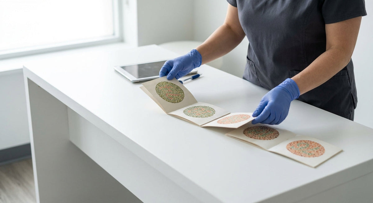 A clinician in a medical setting carefully reviewing color vision test plates arranged on a clean examination table under soft professional lighting.