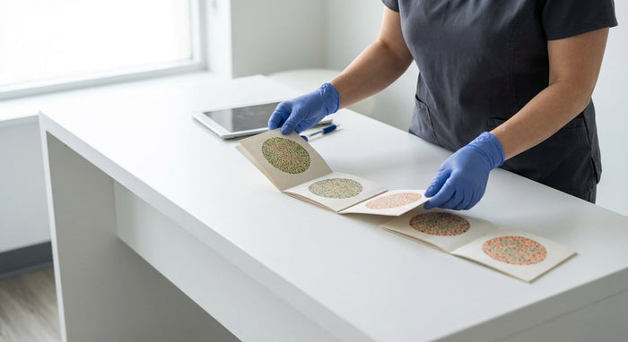 A clinician in a medical setting carefully reviewing color vision test plates arranged on a clean examination table under soft professional lighting.