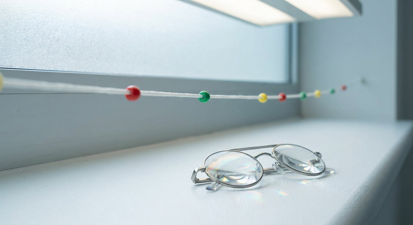 A Brock string with colored beads and prism flipper lenses arranged on a clean white surface under soft clinical lighting, representing vision therapy tools used in convergence insufficiency treatment.