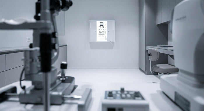 A professional ophthalmic exam room with an illuminated ETDRS visual acuity chart cabinet mounted on the wall under precise clinical lighting.