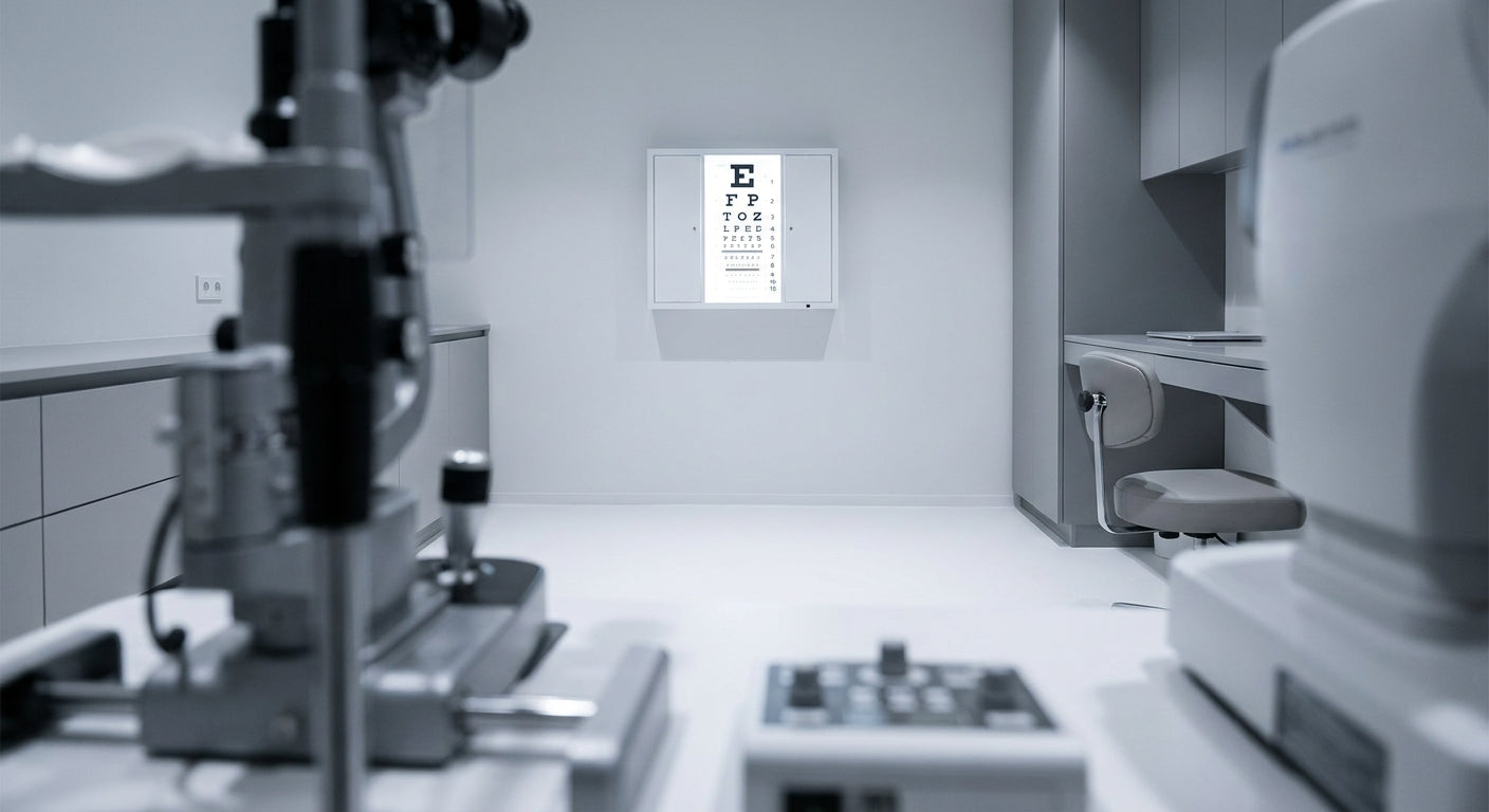 A professional ophthalmic exam room with an illuminated ETDRS visual acuity chart cabinet mounted on the wall under precise clinical lighting.
