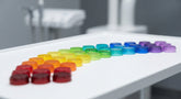 A curved arc of small colored discs arranged in a gradient sequence on a clean white clinical surface, evoking a color vision diagnostic test.