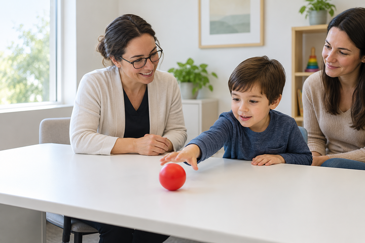 Illustrative scene of a specialist observing a child reaching toward a red ball, with a parent nearby.