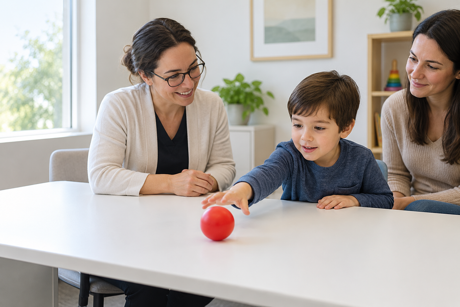 Illustrative scene of a specialist observing a child reaching toward a red ball, with a parent nearby.