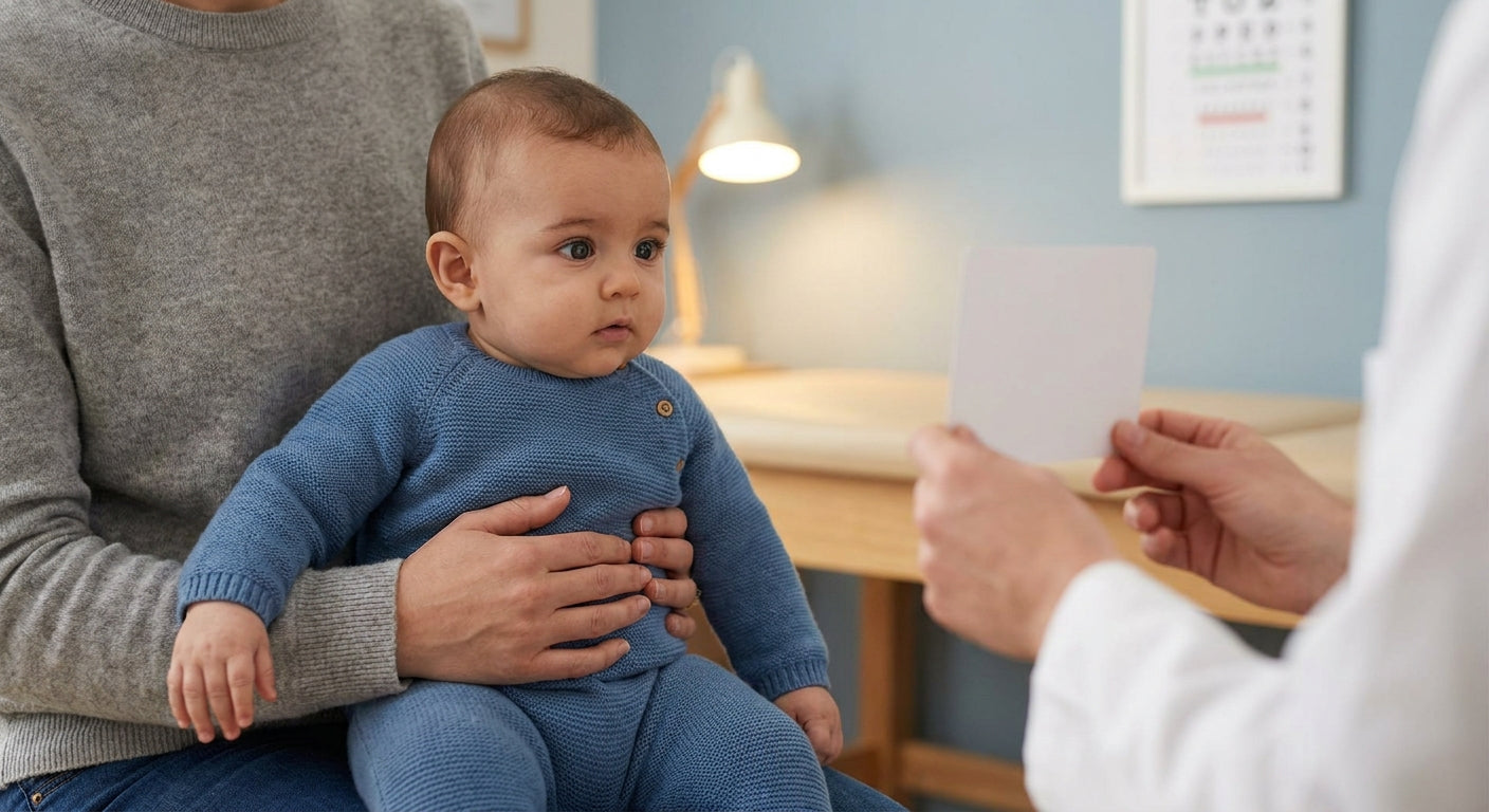 A young infant in a clinical examination room gazes attentively at a vision testing card held by a clinician during a preferential looking eye assessment.
