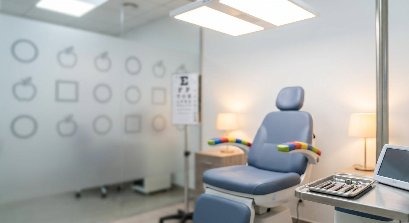 A softly lit pediatric eye examination room with a child-sized chair in the foreground and a blurred vision chart in the background, evoking clinical precision and pediatric vision testing.