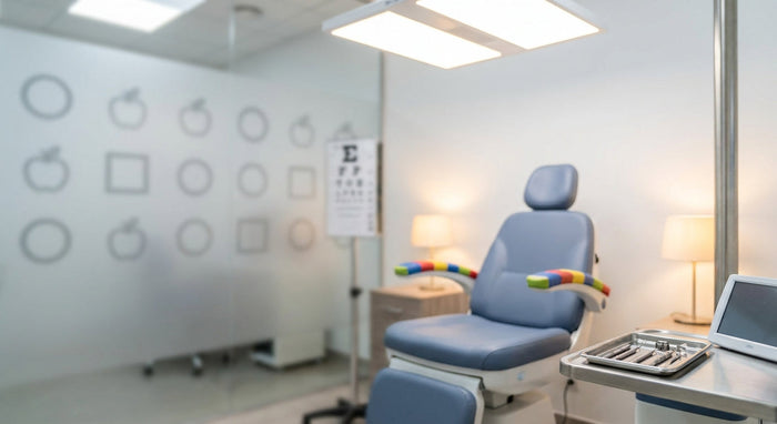 A softly lit pediatric eye examination room with a child-sized chair in the foreground and a blurred vision chart in the background, evoking clinical precision and pediatric vision testing.