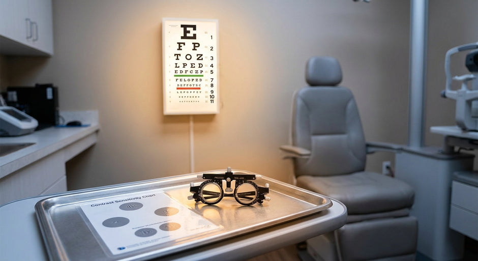 An illuminated ETDRS eye chart on a clinical examination room wall with precision occluders and a contrast sensitivity chart arranged on an examination tray in soft directional lighting.