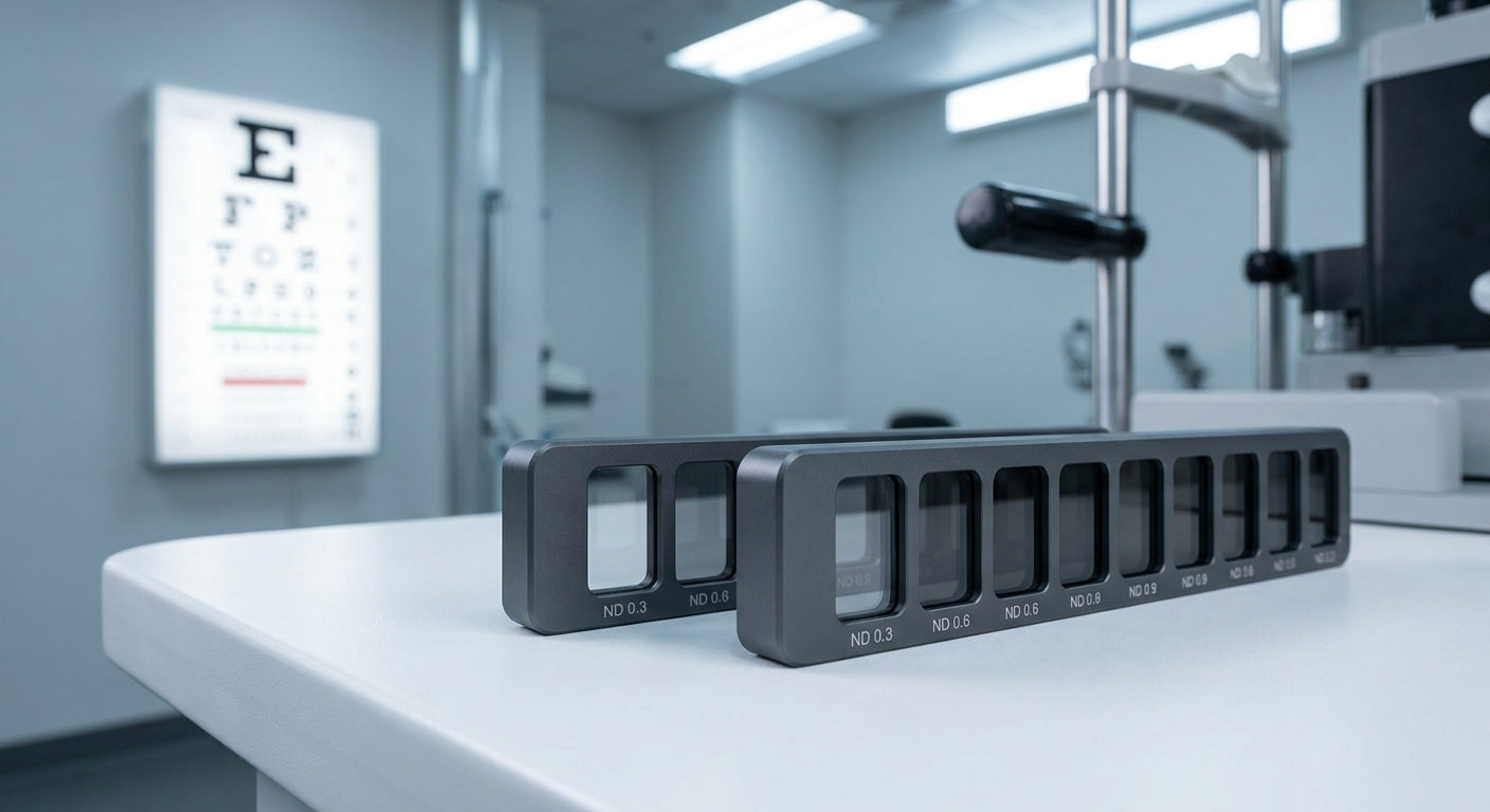 Neutral density filter bars arranged on a clean clinical surface with soft ophthalmic examination equipment visible in the background.