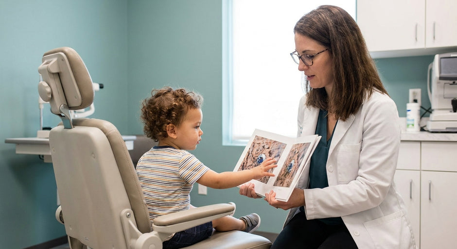 A pediatric optometrist administering a stereoacuity depth perception test to a young child in a modern clinical eye exam setting.