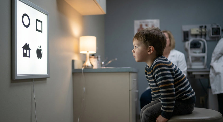 A young child in a clinical eye exam room focusing on a symbol-based vision chart displaying simple shapes on a white panel.