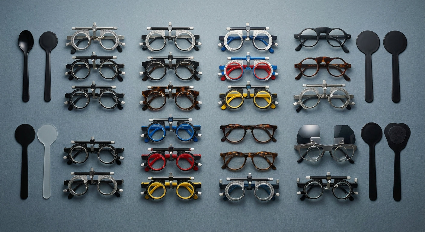 An organized flat-lay arrangement of various trial frame sizes and occluder accessories on a clean clinical surface, representing optometric refraction tools for diverse patient populations.