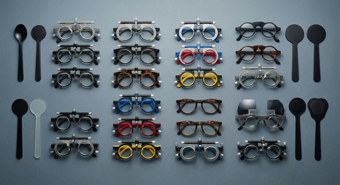An organized flat-lay arrangement of various trial frame sizes and occluder accessories on a clean clinical surface, representing optometric refraction tools for diverse patient populations.
