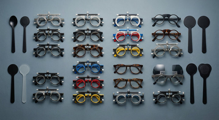 An organized flat-lay arrangement of various trial frame sizes and occluder accessories on a clean clinical surface, representing optometric refraction tools for diverse patient populations.