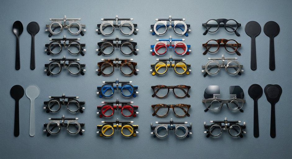 An organized flat-lay arrangement of various trial frame sizes and occluder accessories on a clean clinical surface, representing optometric refraction tools for diverse patient populations.