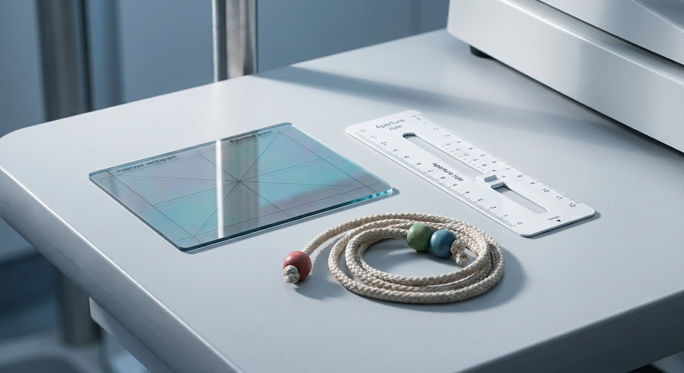 Three vision therapy tools — a vectogram panel, an aperture rule card, and a Brock string with colored beads — arranged on a clean clinical surface under soft studio lighting.