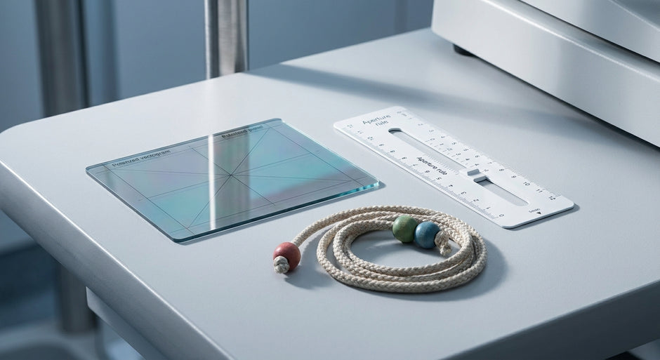 Three vision therapy tools — a vectogram panel, an aperture rule card, and a Brock string with colored beads — arranged on a clean clinical surface under soft studio lighting.