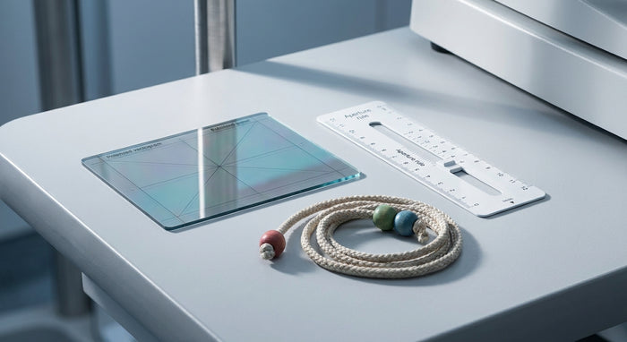 Three vision therapy tools — a vectogram panel, an aperture rule card, and a Brock string with colored beads — arranged on a clean clinical surface under soft studio lighting.