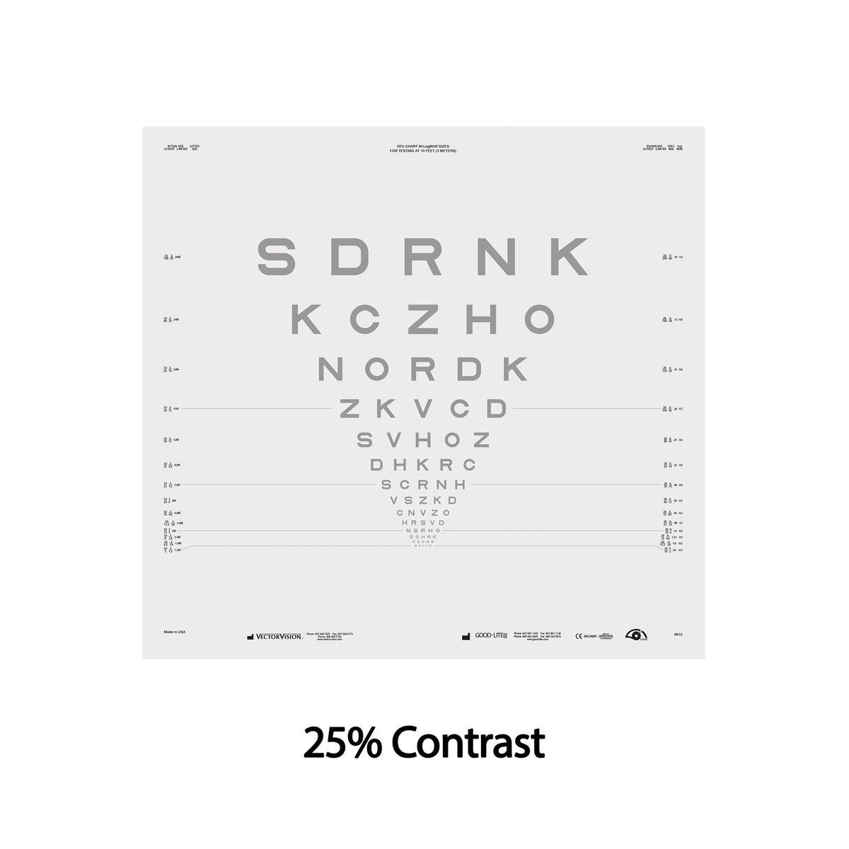 Good-Lite Illuminated Charts Chart(Distance): ESV3000™ and ESC2000™ - ETDRS - Sloan Letter Low Contrast - 25% Contrast (10ft/3m) ETDRS Sloan Letter Low Contrast Eye Chart for ESV3000™ & ESC2000™ – 10 ft / 3 m