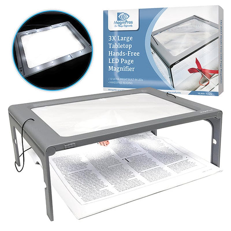MagniPros Magnifiers 3X Large Full Page Magnifier with 12 LED Lights, Foldable Flip-Out Legs