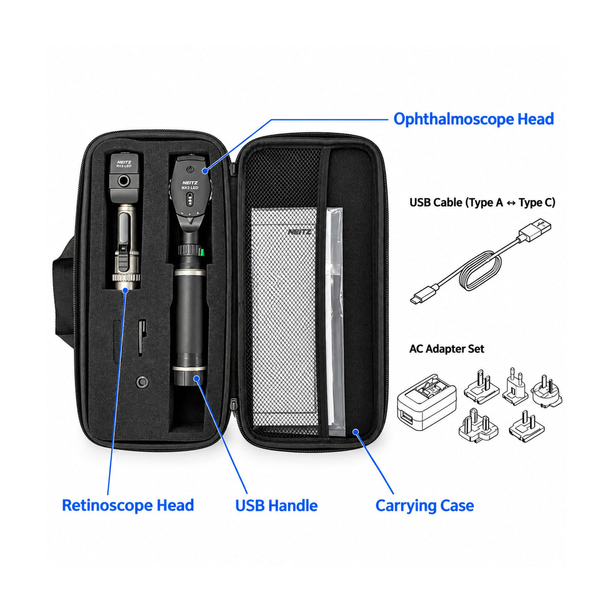 Neitz Diagnostic Aids Neitz BXα-RC USB / RX LED Direct Ophthalmoscope & Streak Retinoscope Set
